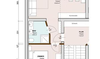 A floor plan drawing of a house featuring an open living room and kitchen. It also shows a bathroom, a bedroom, and a hallway.