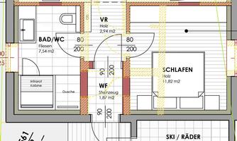 A floor plan of a house with various rooms such as a living room, bedroom, and kitchen. The plan also shows an area for a terrace and a garage.