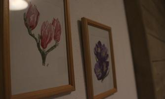 Two framed watercolors show flowers: on the left a magnolia with pink blossoms and on the right a purple flower. The images are hung on a wall.