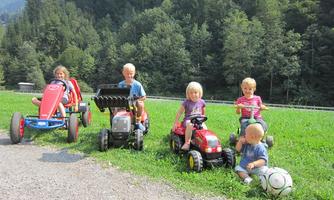 Six children are playing on a green field with small tractors. In the background, trees and mountains can be seen.