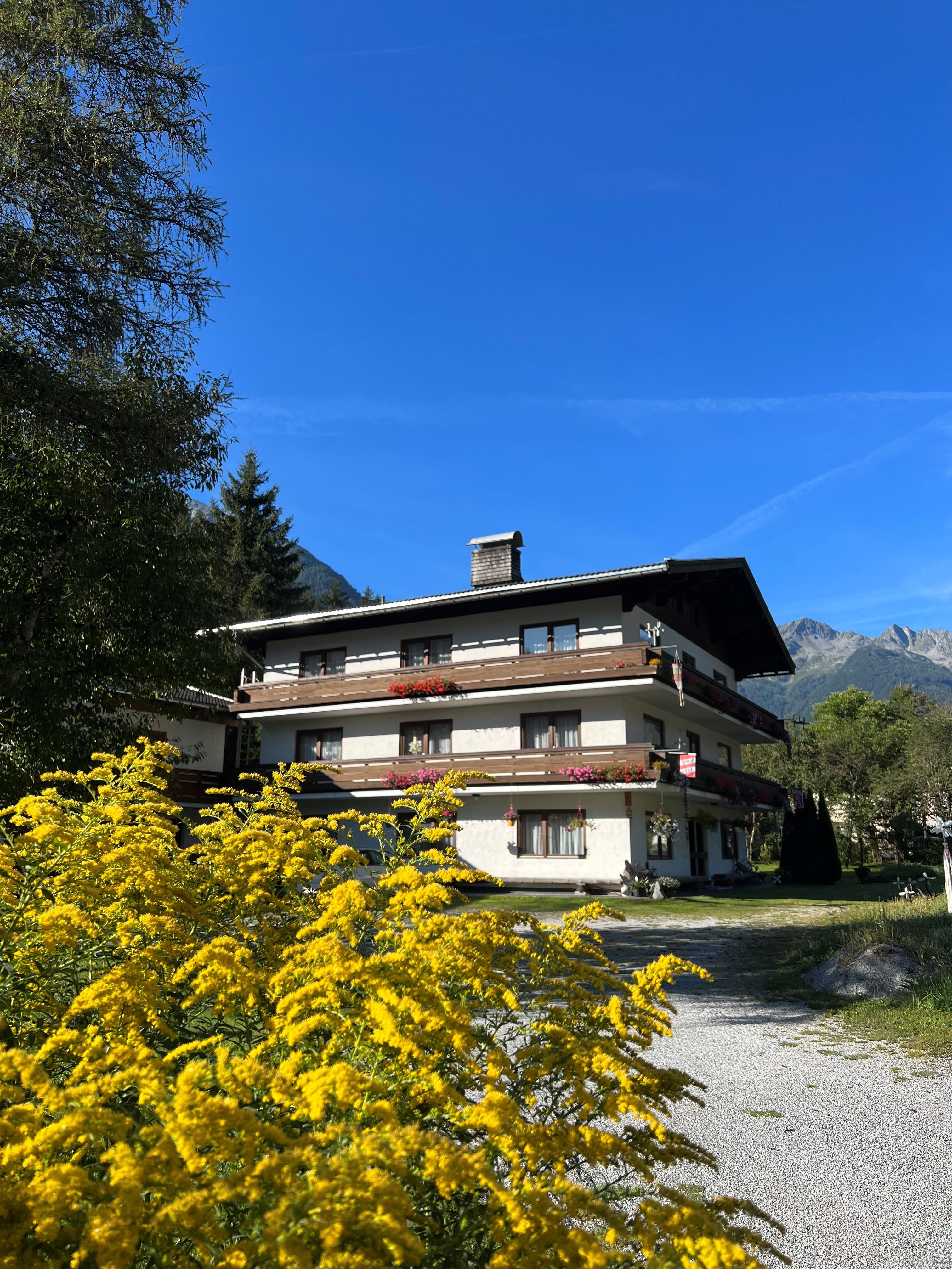 A stylish building surrounded by colorful flowers and trees. The sky is clear and blue, creating an inviting atmosphere.