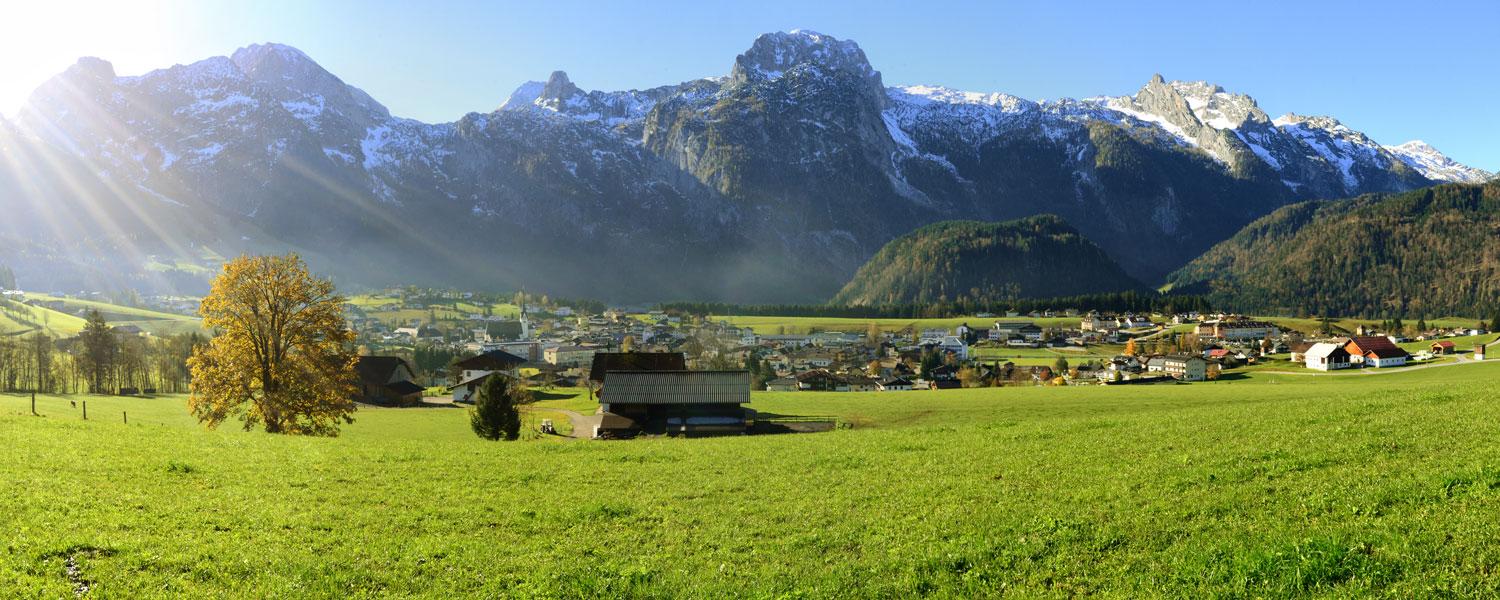 A picturesque landscape with snow-covered mountains and a green meadow. In the foreground, some buildings and trees are visible.