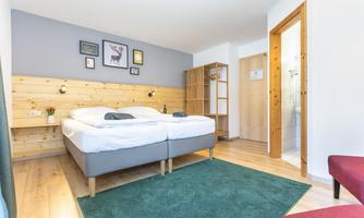A cozy room with two beds, wooden details, and a modern style. Featured are a carpet, a chair, and an adjoining shower.