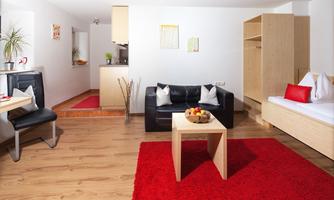 A modern living room with a black sofa, a wooden table, and a red carpet. In the background, there is a small kitchenette and a wardrobe.