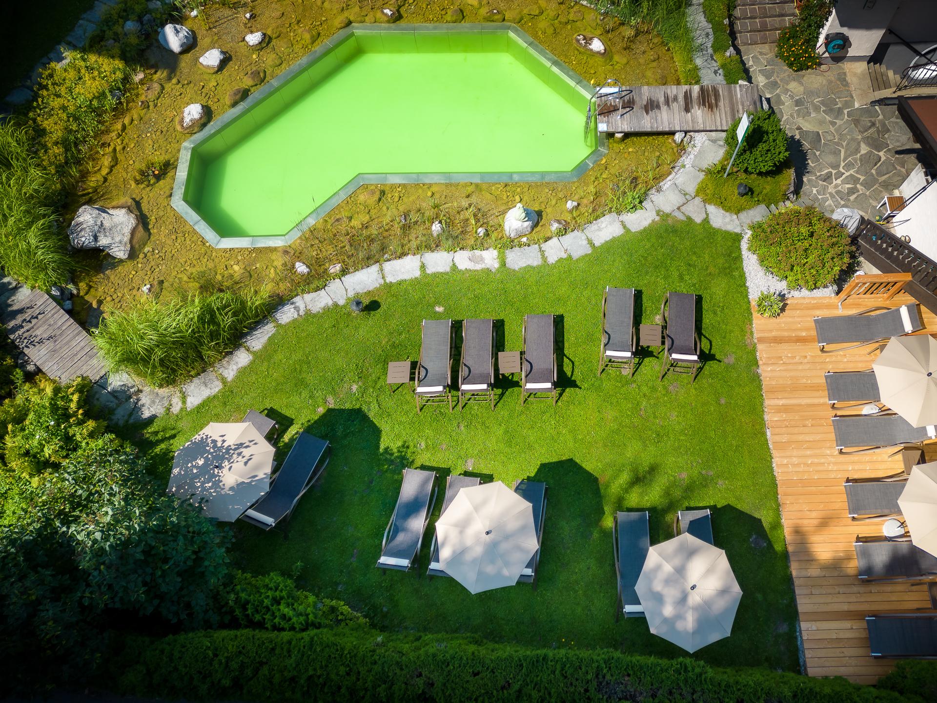A view of a green pool surrounded by loungers and sun umbrellas. The garden is well-maintained and invites relaxation.