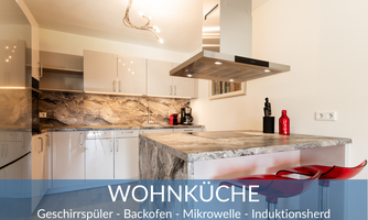 Modern living kitchen with stylish red bar stools and an elegant kitchen island. Equipped with modern appliances such as a dishwasher, oven, and induction cooktop.