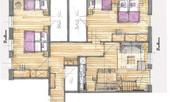 A clear floor plan sketch of an apartment with two bedrooms, a bathroom, and a living room. The rooms are well arranged and provide access to balconies.