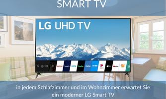 A modern LG UHD Smart TV is placed in a cozy living room. In the background, there is a sofa and a bright, inviting decor.