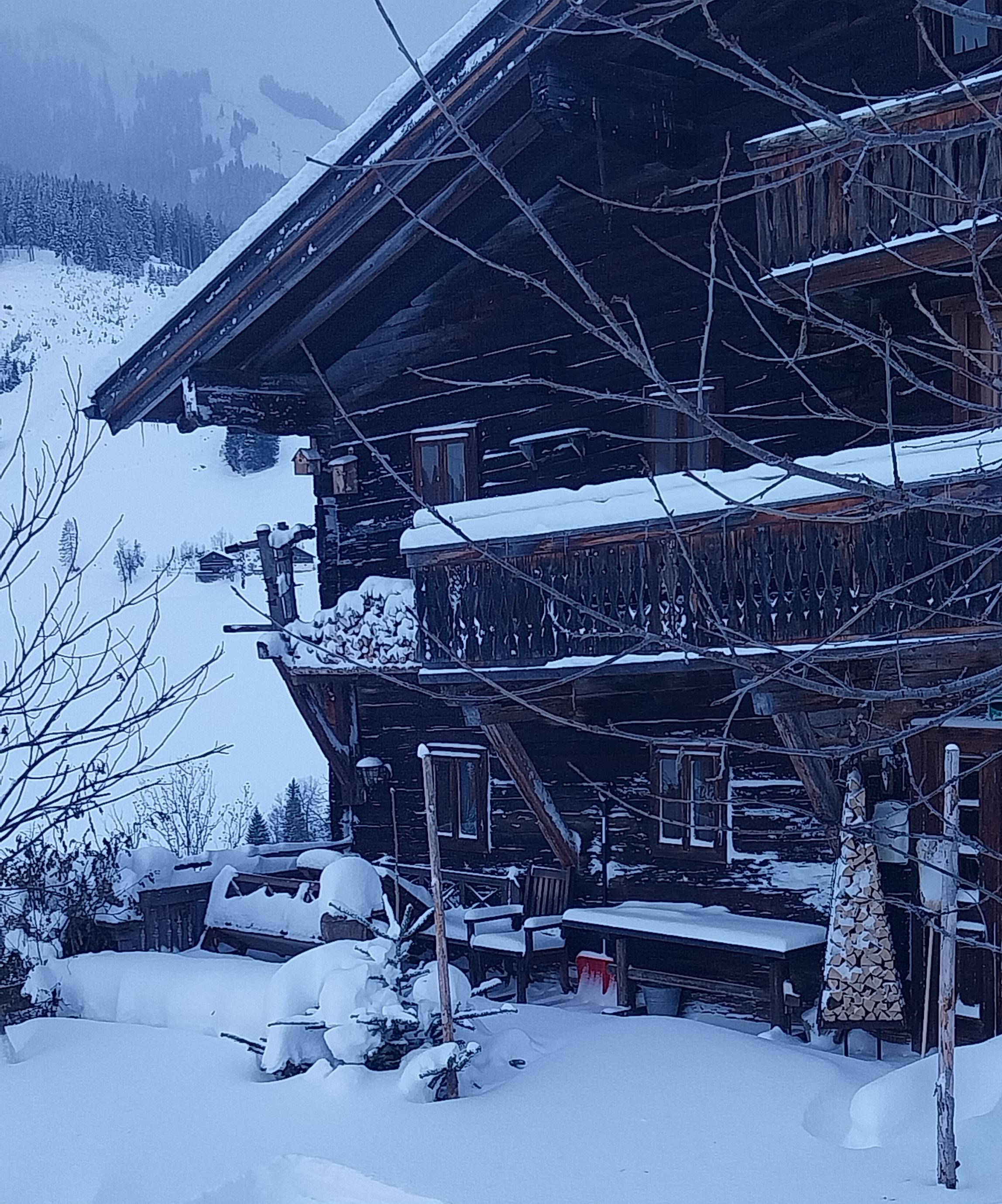 An idyllic mountain cabin in the snow, surrounded by snow-covered trees. Winter presents itself calm and peaceful.