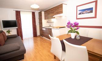A cozy living room with a modern kitchen and dining table. There is a television, elegant furniture, and a beautiful orchid as a decorative element.