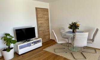 A modern living room with a television and a dining table. The decor is bright and friendly, complemented by a plant and a colorful floral arrangement.
