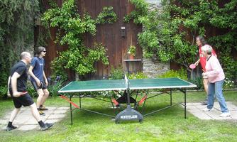 A group of four people is playing table tennis outdoors. The table is set up on a green lawn, surrounded by plants and a wooden shed.