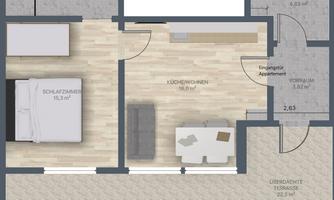 A floor plan drawing of an apartment with one bedroom and a living area. The kitchen is open-plan and there is access to a terrace.