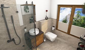 A modern bathroom with a glass shower and a round sink. Large windows offer a view of nature.