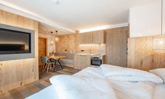 A modern and cozy room with wooden paneling. The amenities include a kitchen, a dining area, and a comfortable bed.