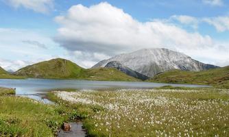 A picturesque lake surrounded by green hills and blooming meadows. In the background, a majestic mountain rises beneath a partly cloudy sky.