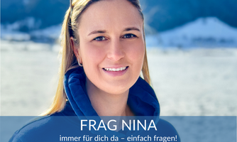 A woman smiles in front of a snowy landscape. The text below invites questions.