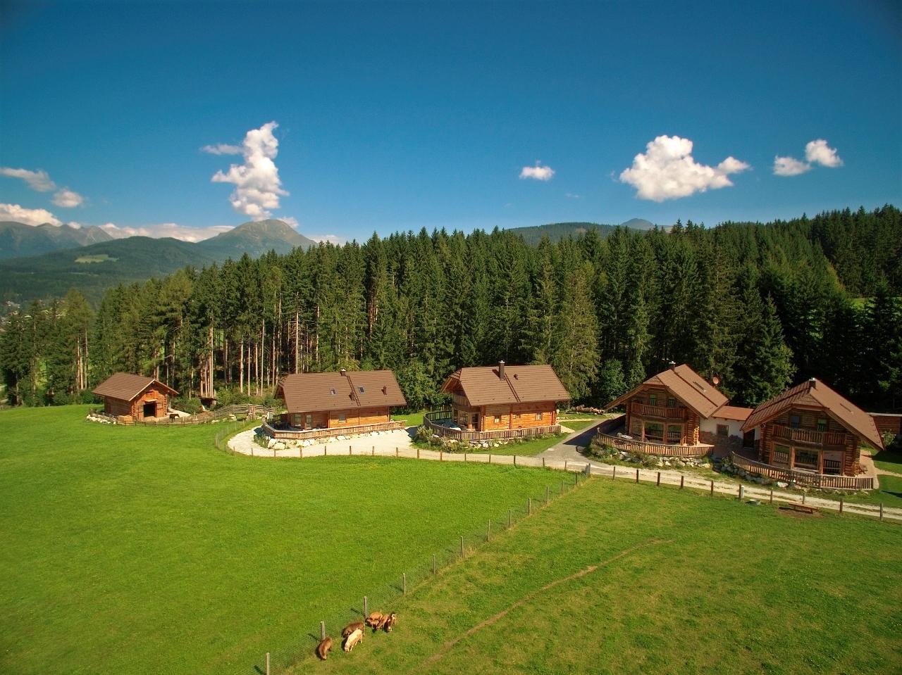 Beautiful cottages in a green meadow, surrounded by trees. In the background, mountains and a blue sky are visible.