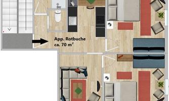 A floor plan representation of an apartment with two bedrooms, one bathroom, and an open living area. The area is approximately 70 m².