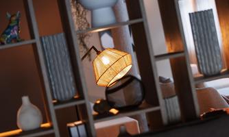 A stylish lamp in a modern room with decorative vases. Soft light illuminates the shelves and creates a cozy atmosphere.
