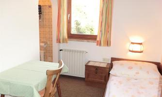A simple room with a single bed, a table, and a window. In the background, a bathroom with a shower is visible.