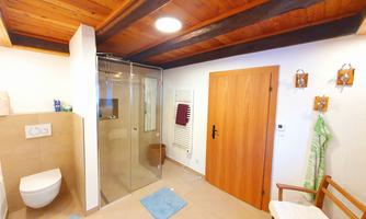 A modern bathroom with a glass shower and wooden ceilings. There is a toilet, towels, and a comfortable chair.