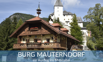 A picturesque castle in medieval style, surrounded by trees and mountains. In the foreground stands a traditional building with a beautiful veranda.