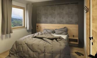 A modern bedroom with a large window and a view of the landscape. The bed is unmade with a gray duvet.