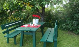 An inviting garden with a green table and benches. On the table are cups and a bouquet of flowers, surrounded by lush greenery.