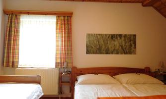A cozy bedroom with two beds and a large window. The walls are clad in wood and a colorful curtain completes the room.