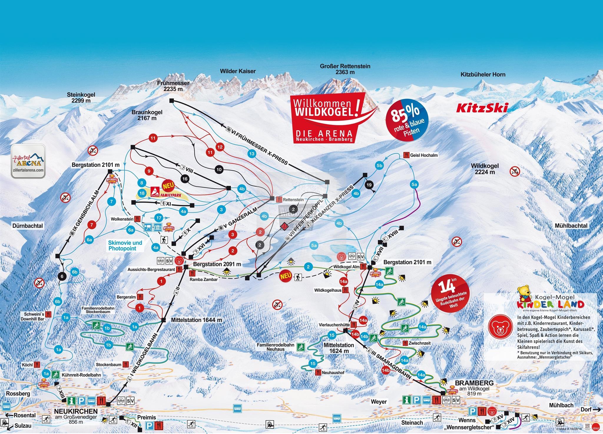 A ski map of the Wildkogel Arena with marked slopes and lifts. The map shows the various ski areas and elevations in a mountainous landscape.