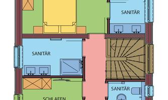 The image shows a floor plan of a house with four bedrooms and several sanitary areas. In the center, there is a staircase, and a balcony is drawn at the top.