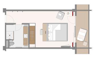 A floor plan sketch of an apartment with one bedroom, bathroom, and kitchen. It shows the arrangement of the furniture and rooms.