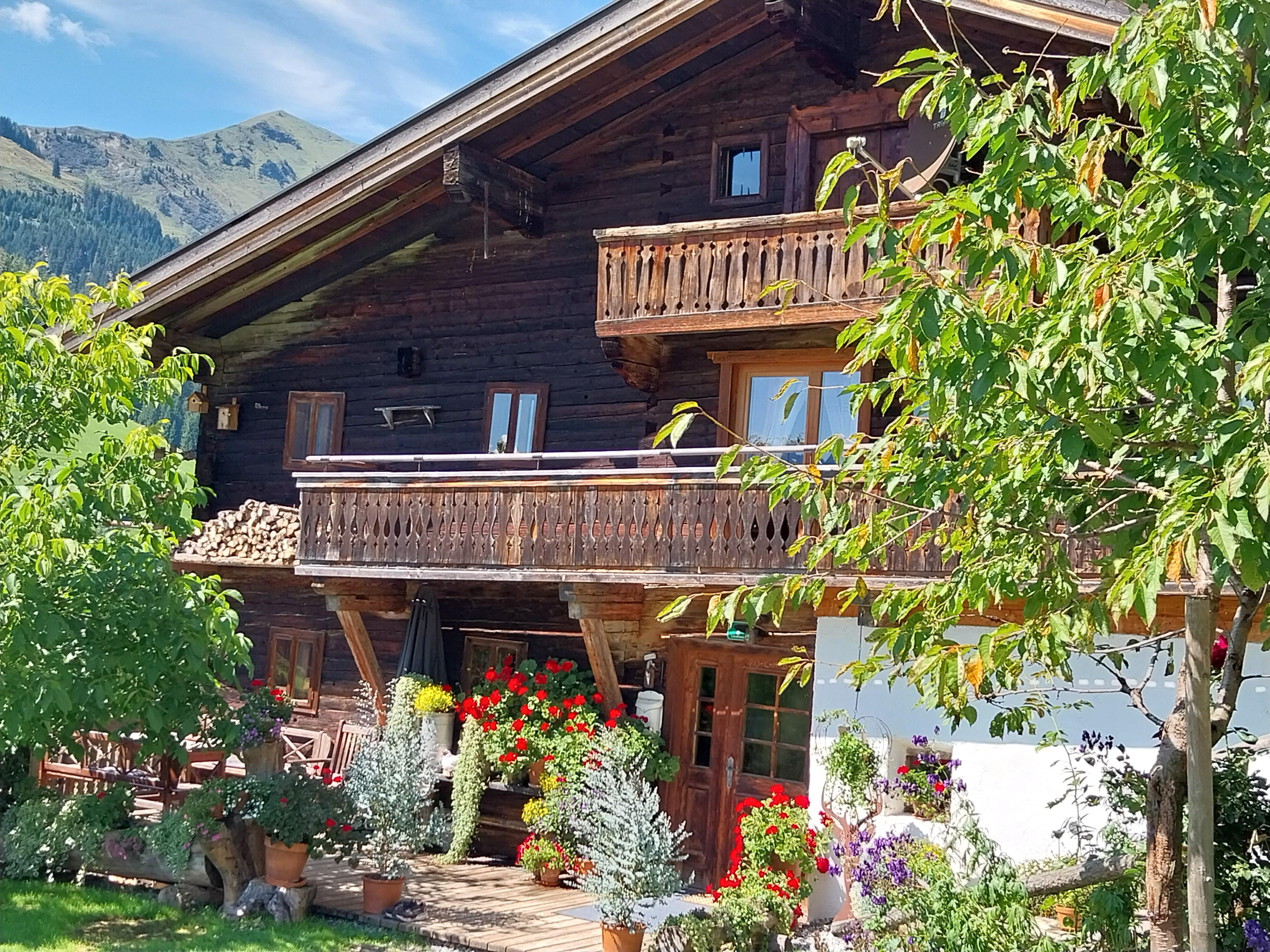 A charming wooden house with a balcony, surrounded by colorful flowers and plants. In the background, gentle mountains can be seen.