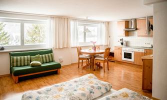 A bright and inviting living kitchen with a green couch and a dining table. The large windows provide plenty of daylight.