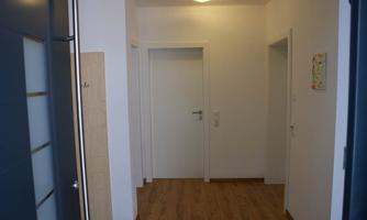 A bright hallway with wooden floors and white walls. On the left side, there is a gray door and a space for clothes.