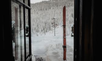 A pair of skis stands in the snow in front of a wooden door. In the background, snow-covered trees and mountains are visible.
