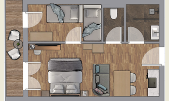 A modern apartment layout with two bedrooms, a living room, and a bathroom. It features an open floor plan with comfortable furniture and wooden floors.