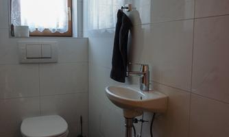 A modern bathroom with a toilet and a small sink. The window lets in a lot of daylight, and the walls are bright tiled.