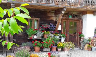 A charming house with a balcony and many colorful flowers in pots. The green lawn in front of the house adds to the inviting atmosphere.