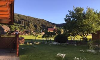 A picturesque view of a green meadow with blooming flowers and a village in the background. The mountains are surrounded by a clear blue sky.