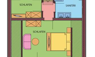 A floor plan drawing of a living space with two bedrooms, a bathroom, and a balcony. The rooms are color-coded and well arranged.
