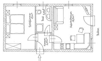 A floor plan of an apartment with two bedrooms, a bathroom, and a living area. The rooms are clearly marked and provide an overview of the layout.
