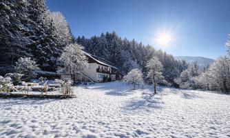 A snowy landscape with a charming house and snow-covered trees. The sun shines over the winter idyll.
