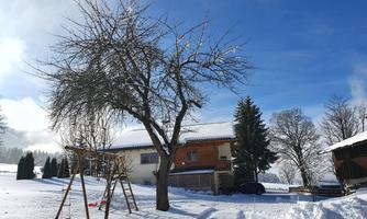 A snow-covered garden with a white house in the background. In the foreground, there is a tree and a seesaw.