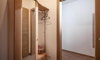 A narrow hallway with a mirror and a coat hook. The walls are light and the floor is made of wood.