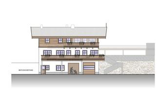 An architectural design of a house with multiple floors and a balcony. The facade is made of wood and stone, giving it a rustic character.