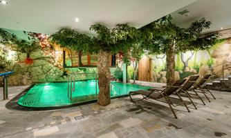 A relaxing wellness area with a green pool and decorative trees. In the background, cozy loungers and a natural, rocky wall are visible.