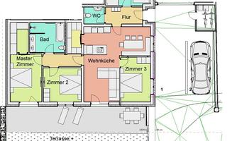 A floor plan of a house with various rooms such as a bedroom, bathroom, and a living kitchen. On the right side is an overview for access to the parking lot.