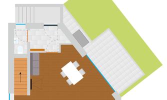 A floor plan drawing of an apartment with various rooms. The sketch shows an open living area with a kitchen and a dining area.
